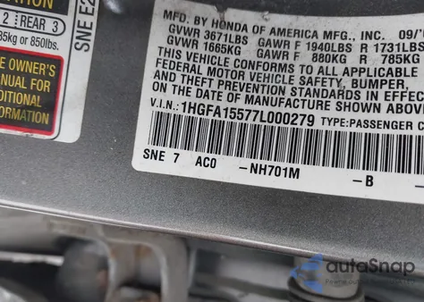 2007 Honda Civic Lx из США, поврежденный, VIN 1HGFA15577L000279